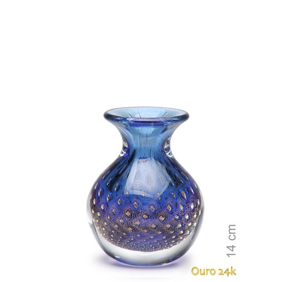 Vaso Mini Médio Tela Azul com Ouro Murano Cristais Cadoro