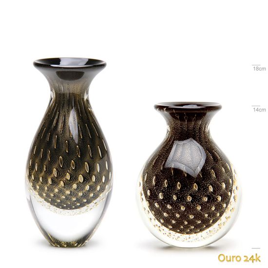 Par de Vasos Mini Tela Preto com Ouro Murano Cristais Cadoro