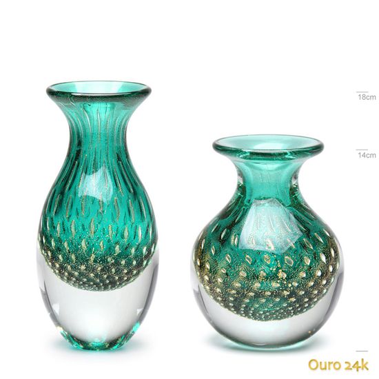 Par de Vasos Mini Tela Verde com Ouro Murano Cristais Cadoro