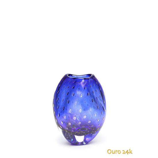 Vasinho Roca 3 Tela Azul com Ouro Murano Cristais Cadoro