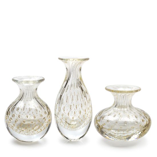 Trio de Vasos Mini Tela Transparente com Ouro Murano Cristais Cadoro